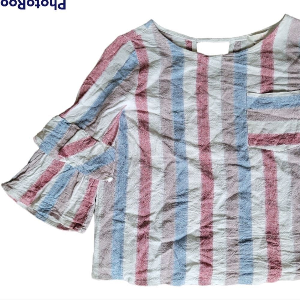 Urban Romantics Linen-Blend Striped Blouse with Ruffled Bell Sleeves - S